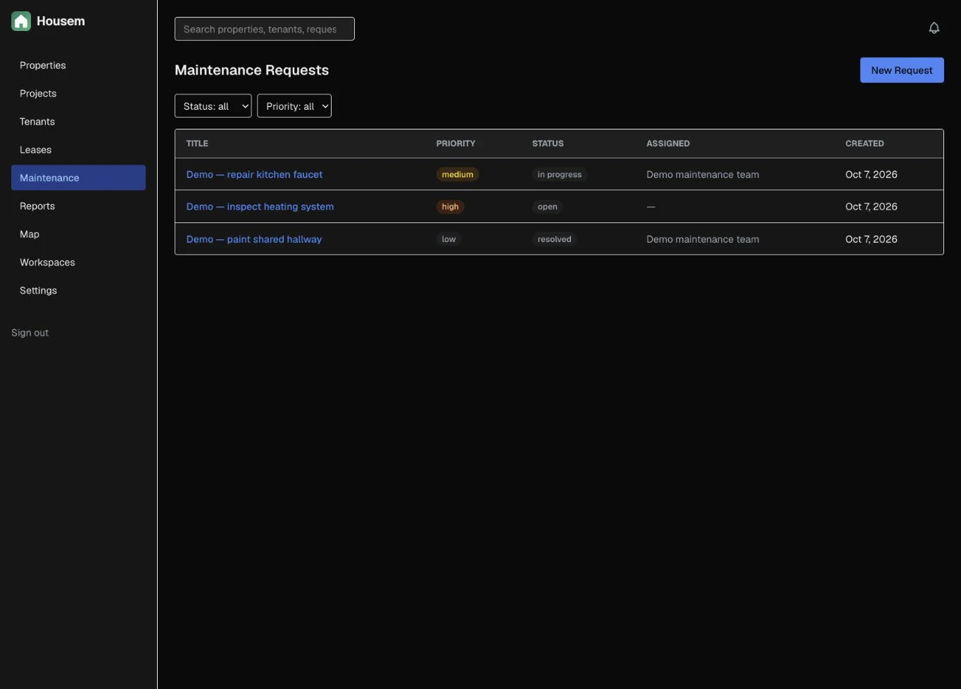 Housem — maintenance requests with fictional demo records