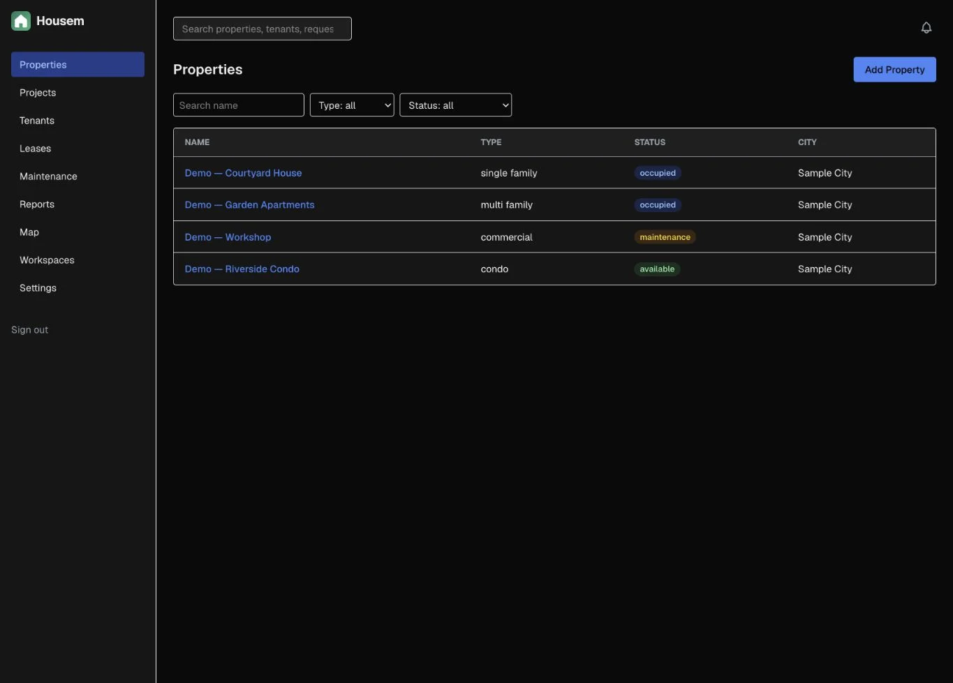 Housem — property list with fictional demo records