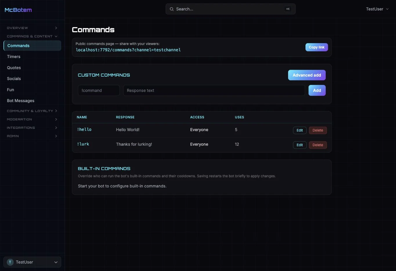 McBotem — custom command management using sample commands