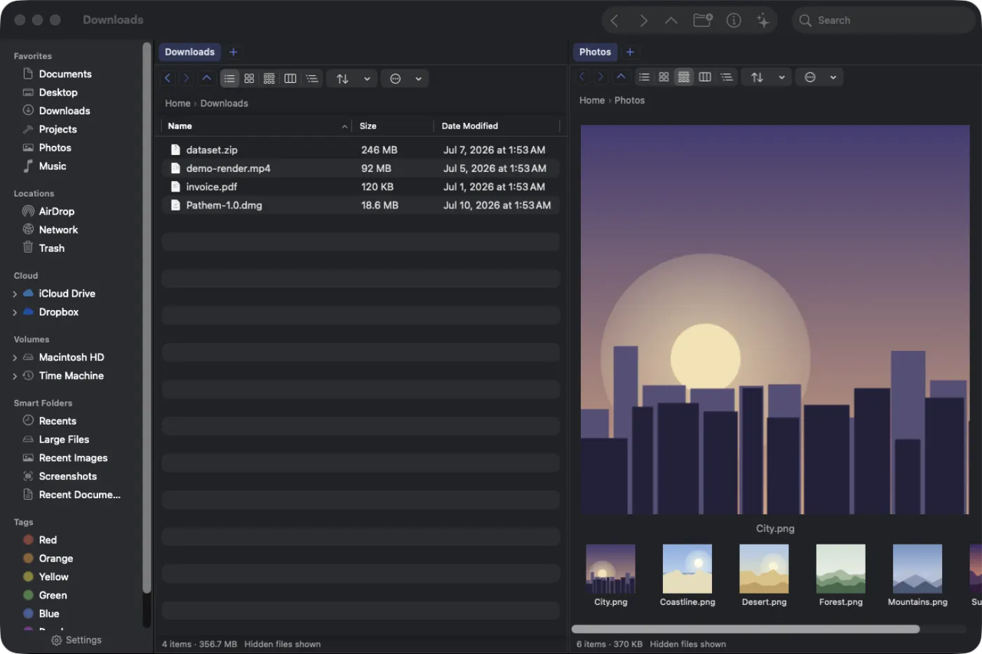 Pathem — dual-pane list view with demo files